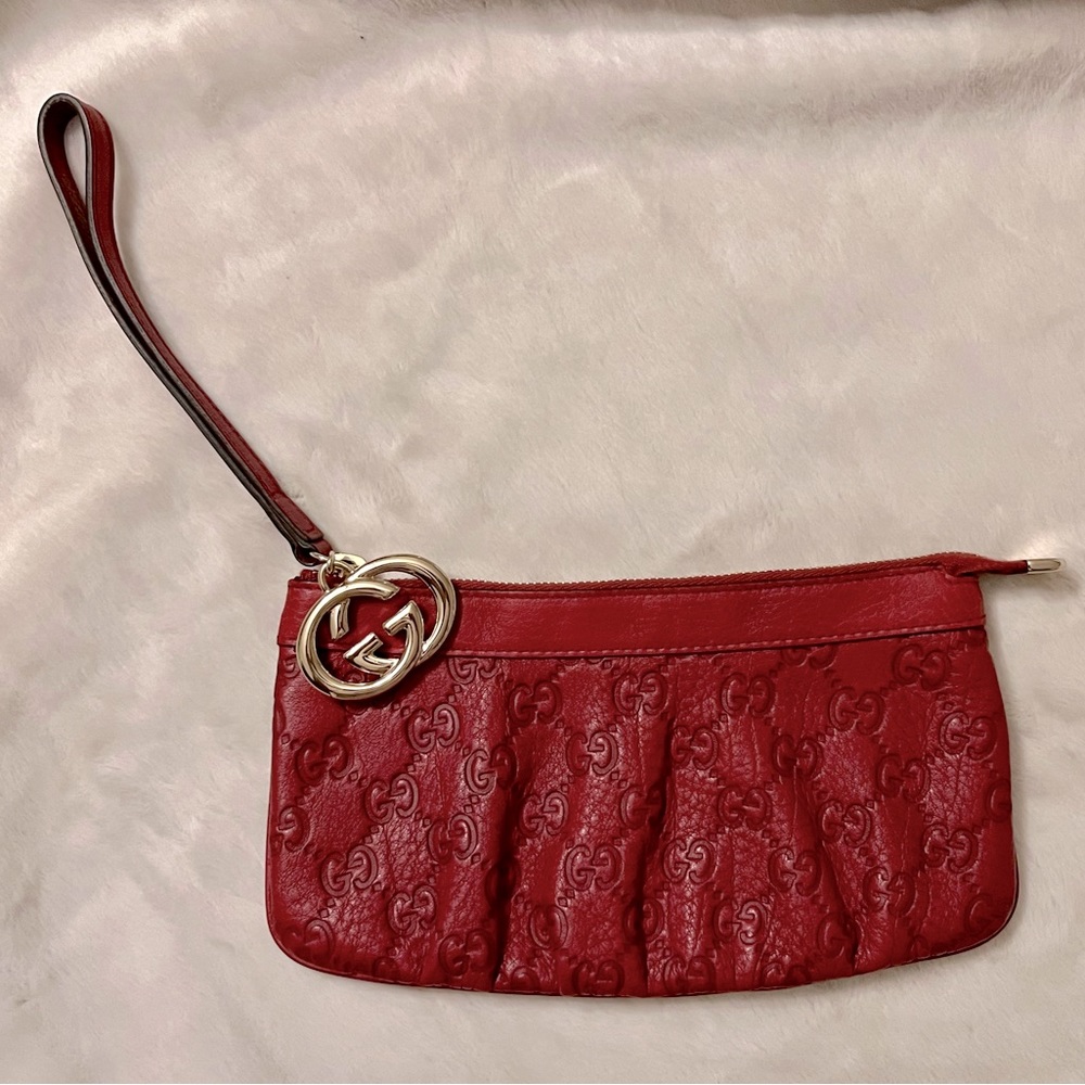 GUCCI Guccissima Red Interlocking G Wristlet (Like New)